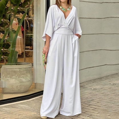 ✨Den perfekte blandingen av stil og komfort🥰,💞Elegant jumpsuit med vid ben og V-hals for kvinner💫